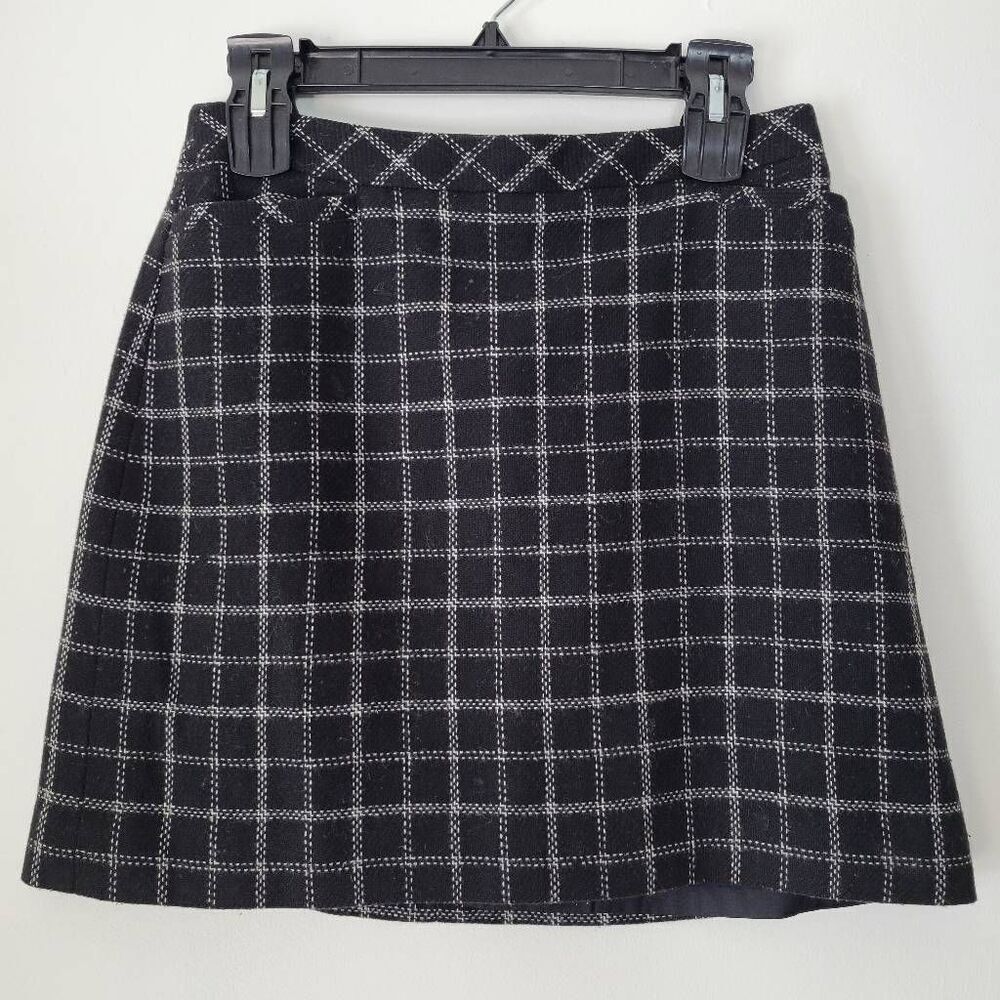 Ann Taylor Wool Blend A-Line Skirt Black White Windowpane Plaid Lined Career Wor